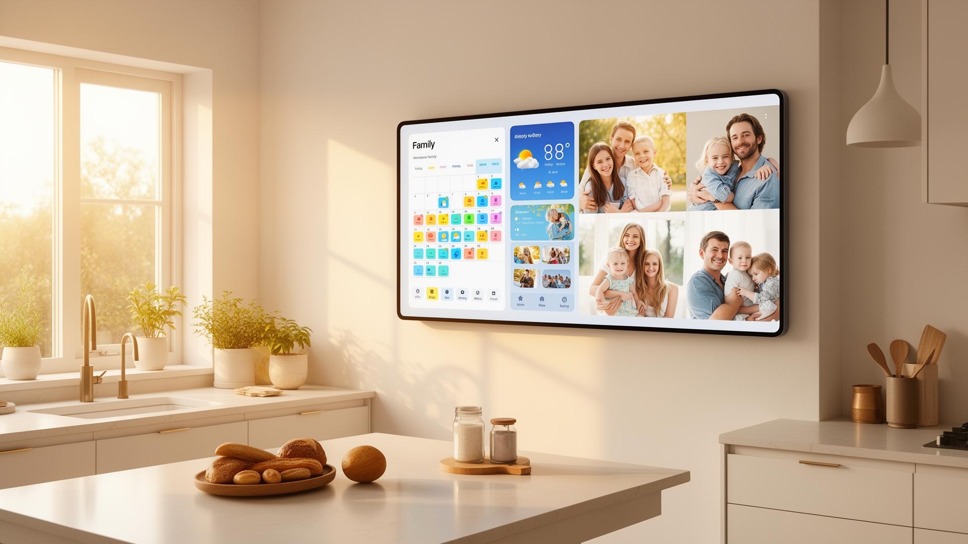 Lifesync Display mounted in a modern kitchen showing family calendar, weather, and photos